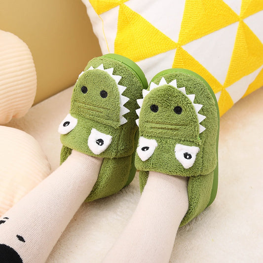 Pantoufles dinosaures pour garçons avec semelle en peluche TPR et dents d'alligator/crocodile - Chaudes et faciles à enfiler pour l'intérieur et l'extérieur, vertes et blanches, idéales pour l'hiver
