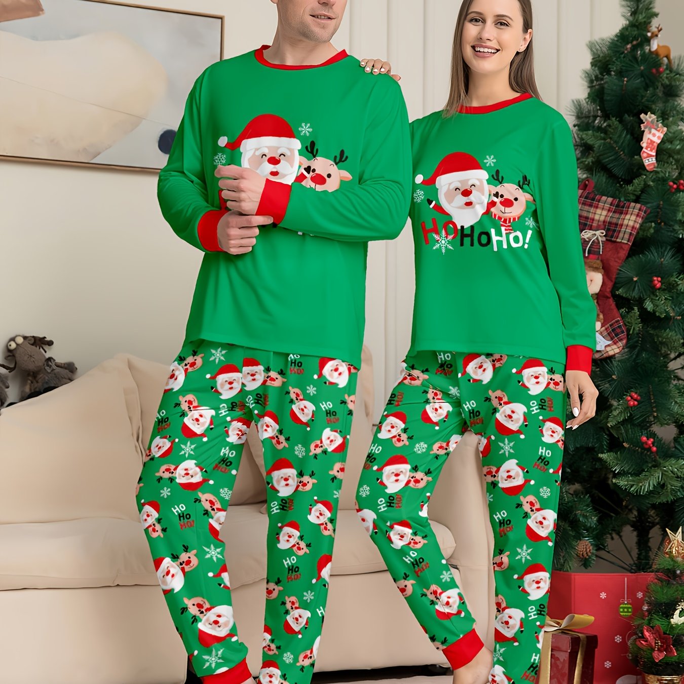 Ensemble pyjama de Noël unisexe (homme/femme) manches longues et pantalon, imprimé Père Noël, rennes et flocons de neige, col rond.