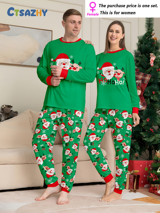 Ensemble pyjama de Noël unisexe (homme/femme) manches longues et pantalon, imprimé Père Noël, rennes et flocons de neige, col rond.