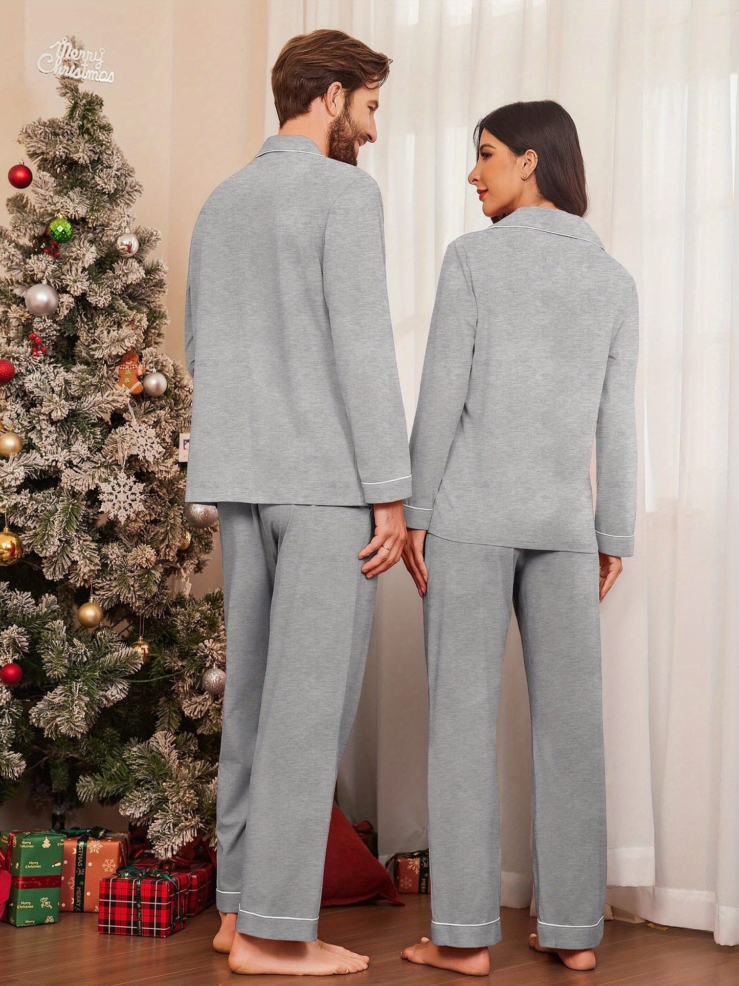 Ensemble de pyjamas assortis pour couple, 100 % coton, manches longues, fermeture boutonnée, tailles S à XXL.