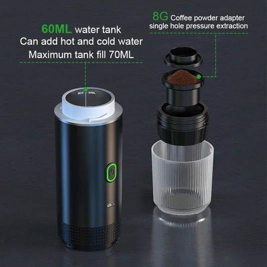 Machine à café expresso électrique portable sans fil pour voiture et maison, cafetière de camping 3 en 1 pour capsules et café en poudre, idéale pour les voyages.