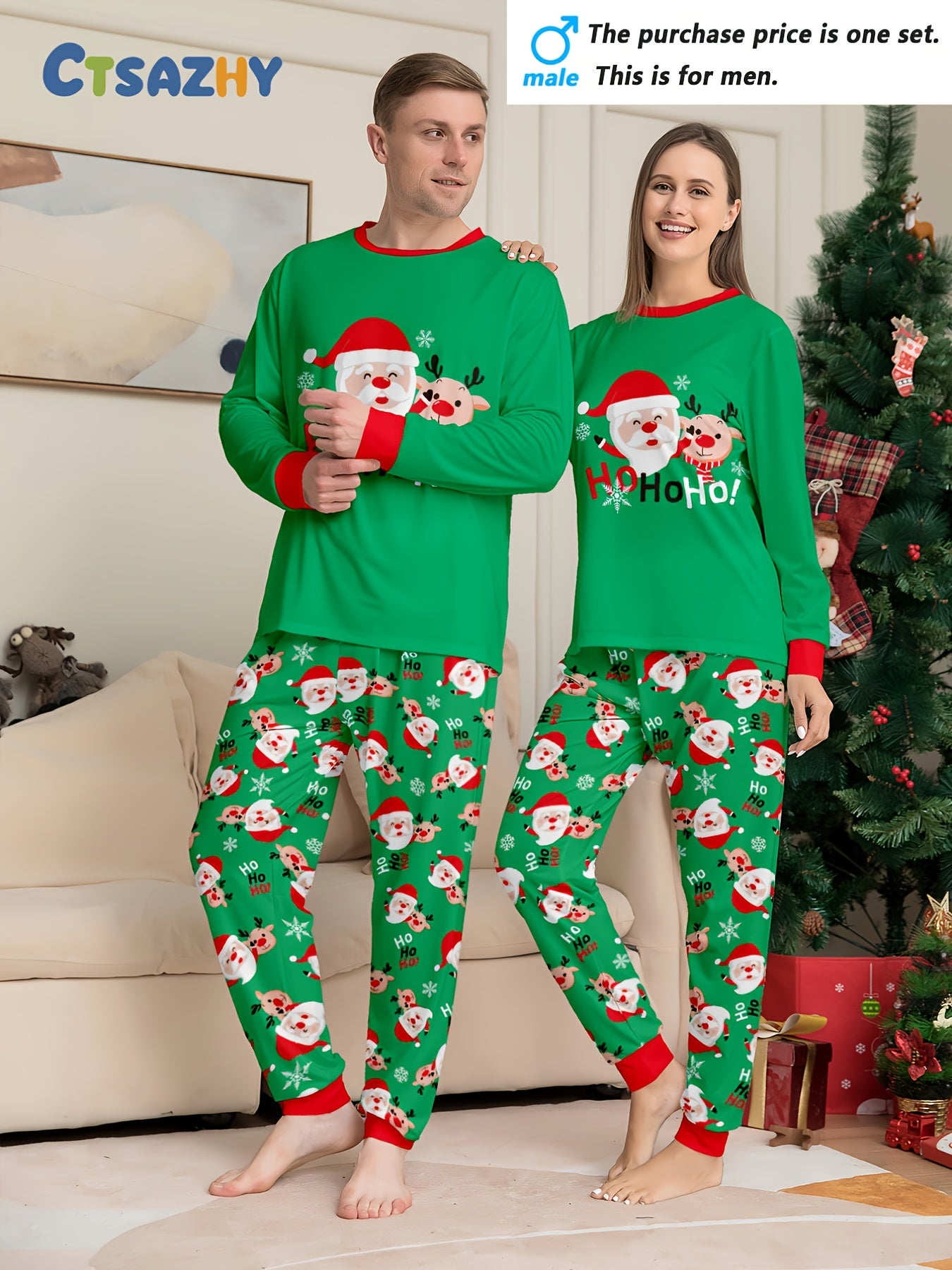 Ensemble pyjama de Noël unisexe (homme/femme) manches longues et pantalon, imprimé Père Noël, rennes et flocons de neige, col rond.