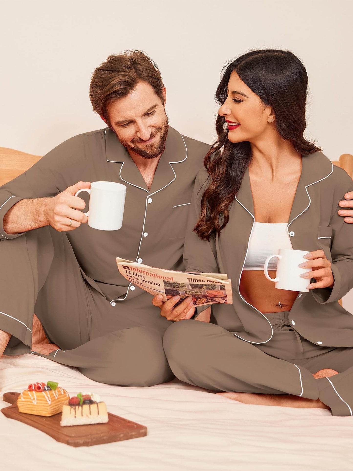 Ensemble de pyjamas assortis pour couple, 100 % coton, manches longues, fermeture boutonnée, tailles S à XXL.