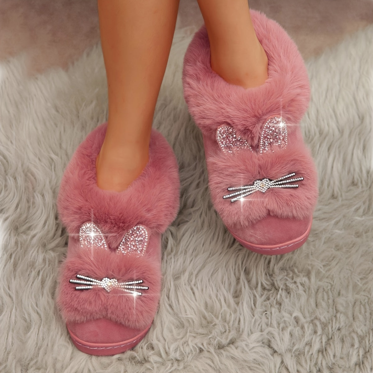 Chaussons d'intérieur pour femmes, pantoufles en peluche lapin mignonnes