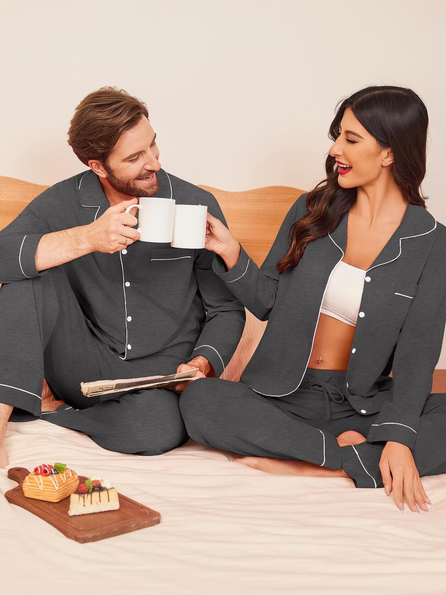 Ensemble de pyjamas assortis pour couple, 100 % coton, manches longues, fermeture boutonnée, tailles S à XXL.