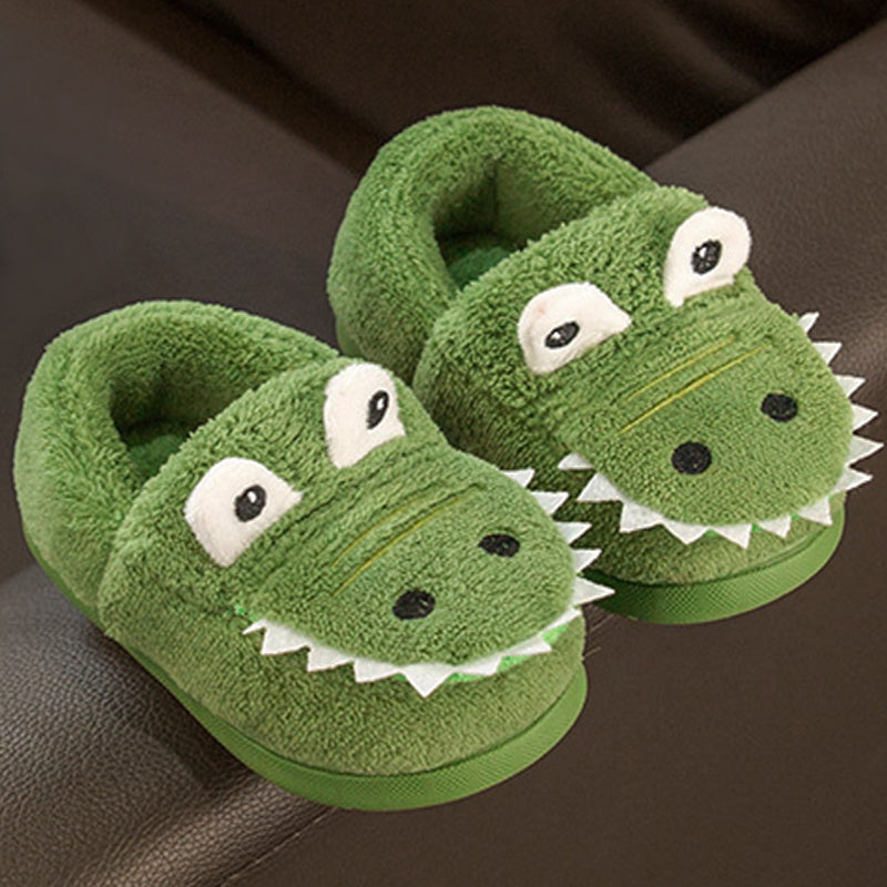 Pantoufles dinosaures pour garçons avec semelle en peluche TPR et dents d'alligator/crocodile - Chaudes et faciles à enfiler pour l'intérieur et l'extérieur, vertes et blanches, idéales pour l'hiver