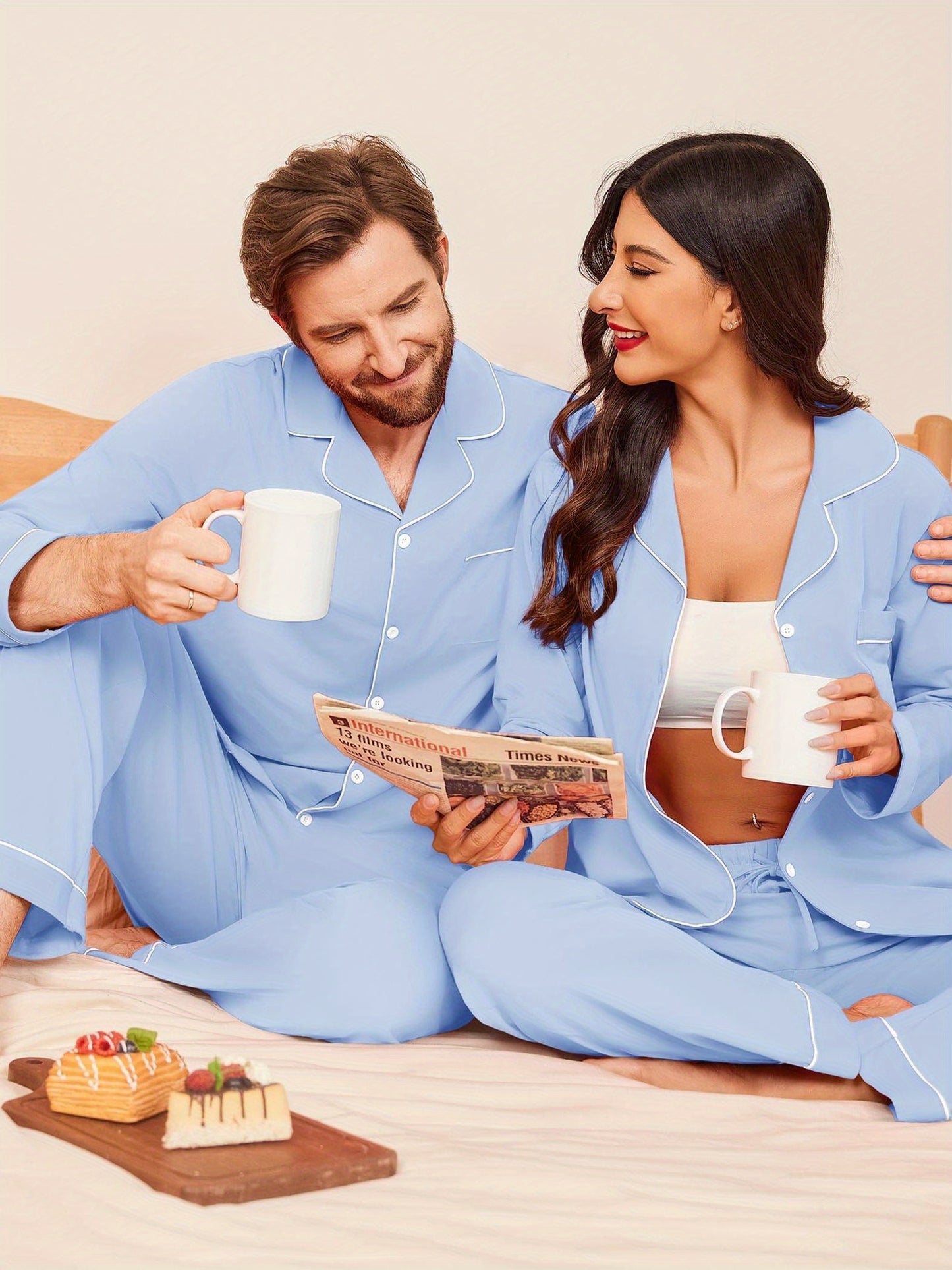 Ensemble de pyjamas assortis pour couple, 100 % coton, manches longues, fermeture boutonnée, tailles S à XXL.