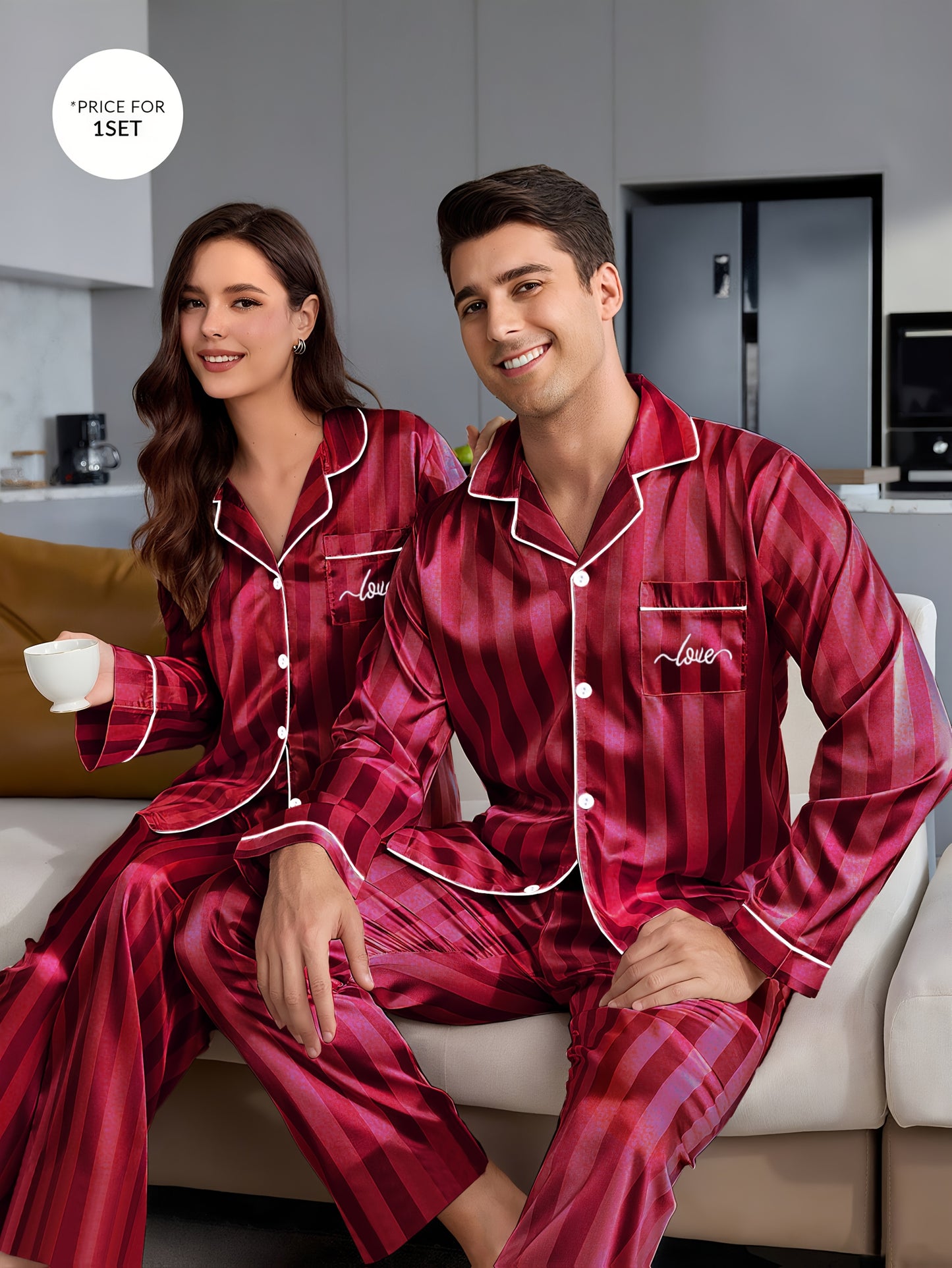 Pyjama rayé à manches longues pour couple, composé d'un haut et d'un pantalon boutonnés. Assortiment de pyjamas pour couples, idéal pour la nuit, confortable à la maison.