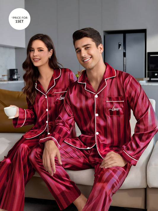 Pyjama rayé à manches longues pour couple, composé d'un haut et d'un pantalon boutonnés. Assortiment de pyjamas pour couples, idéal pour la nuit, confortable à la maison.