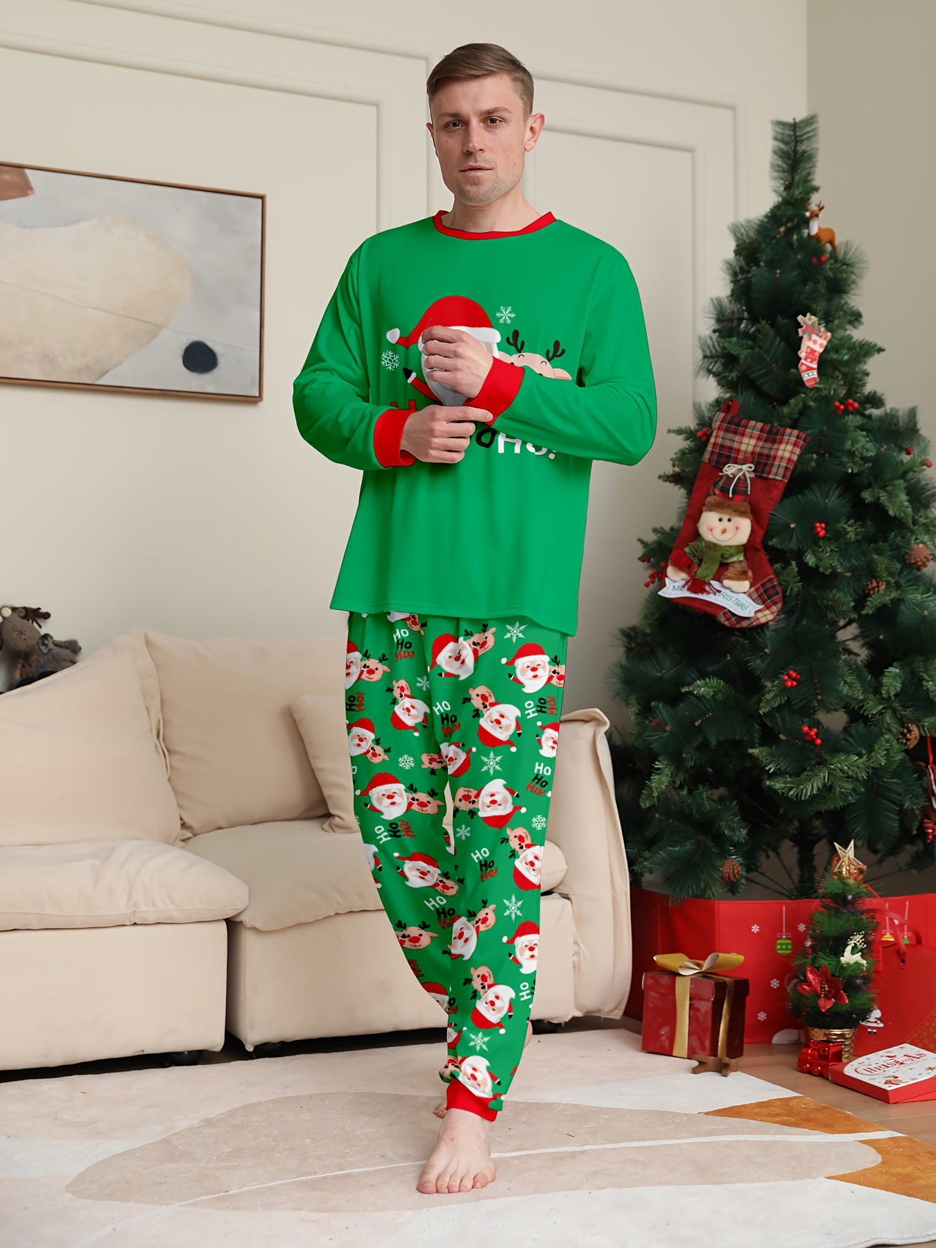 Ensemble pyjama de Noël unisexe (homme/femme) manches longues et pantalon, imprimé Père Noël, rennes et flocons de neige, col rond.