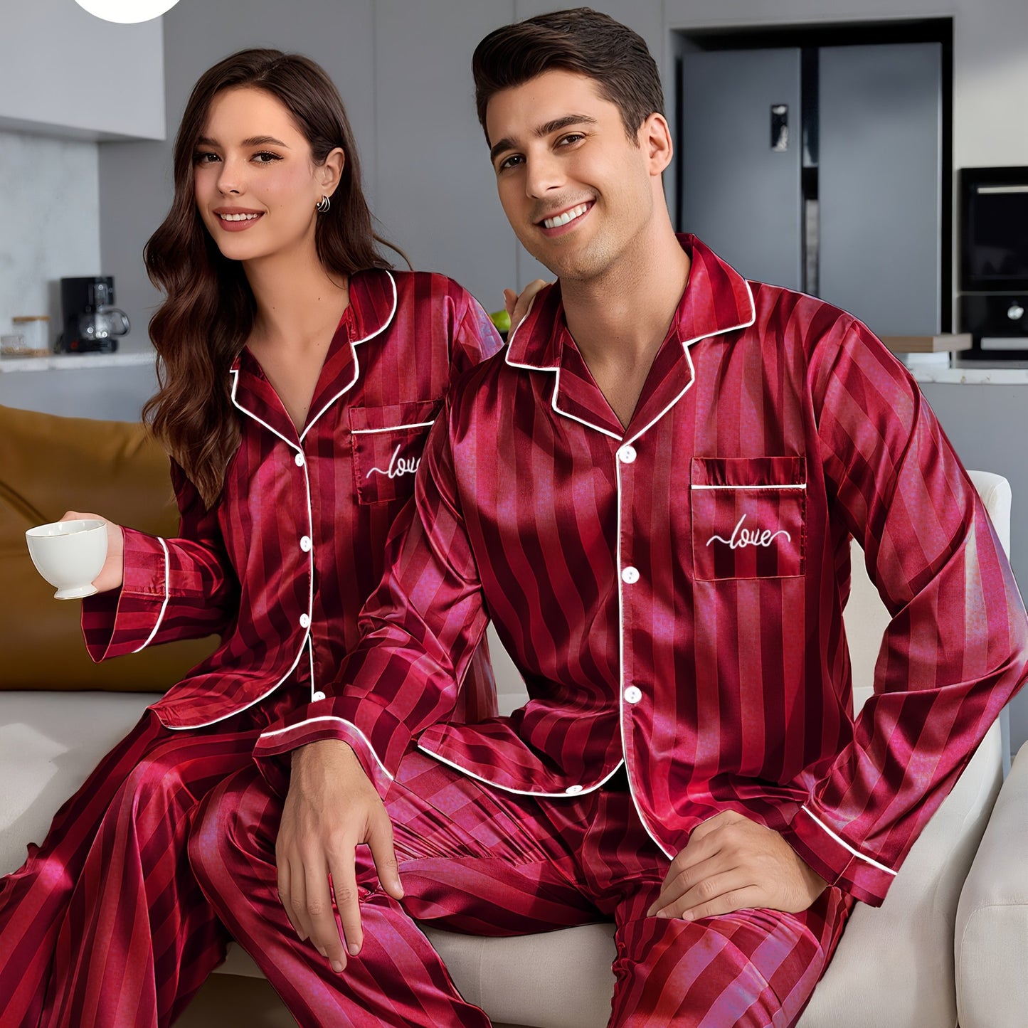 Pyjama rayé à manches longues pour couple, composé d'un haut et d'un pantalon boutonnés. Assortiment de pyjamas pour couples, idéal pour la nuit, confortable à la maison.