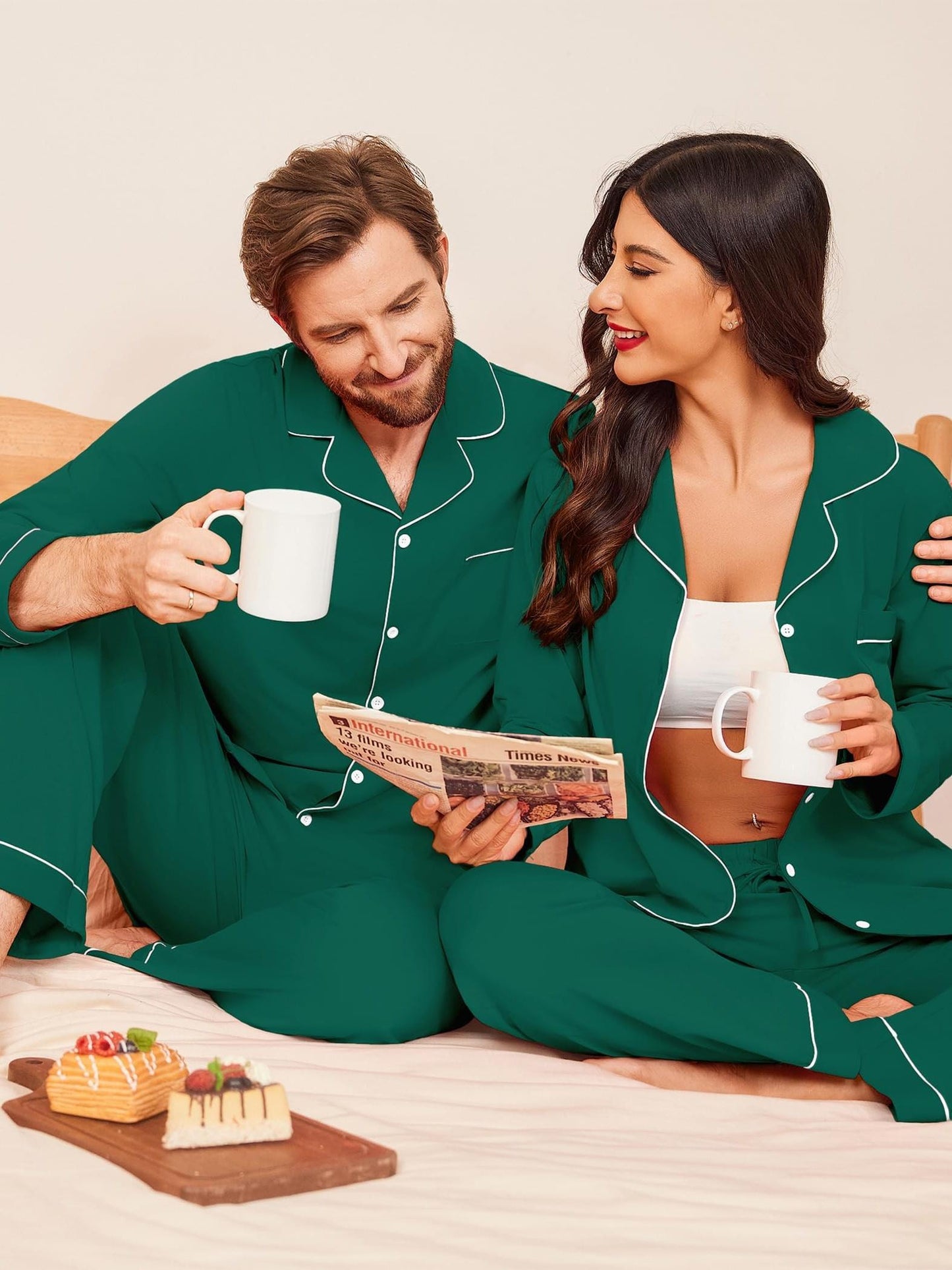 Ensemble de pyjamas assortis pour couple, 100 % coton, manches longues, fermeture boutonnée, tailles S à XXL.