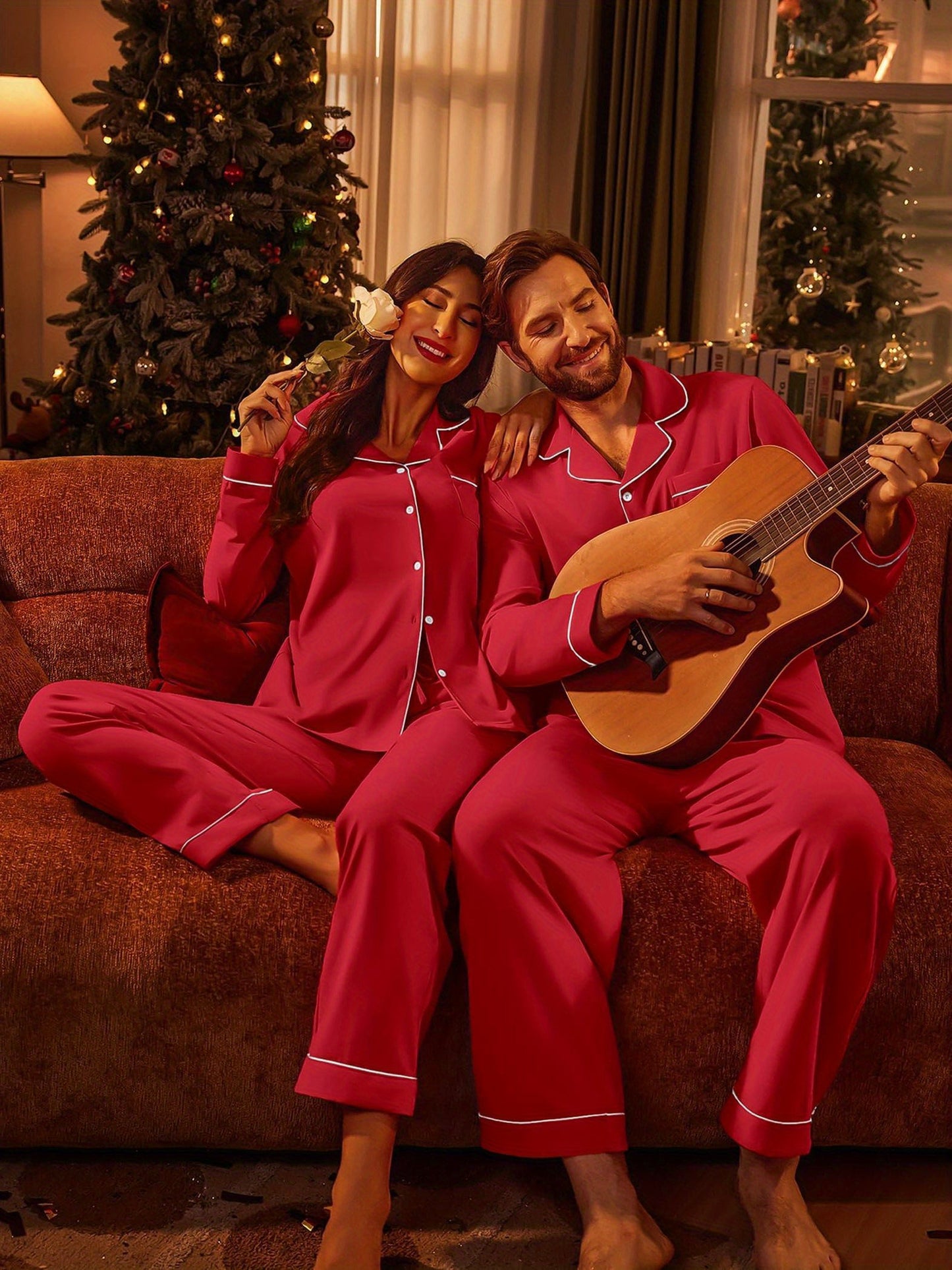 Ensemble de pyjamas assortis pour couple, 100 % coton, manches longues, fermeture boutonnée, tailles S à XXL.