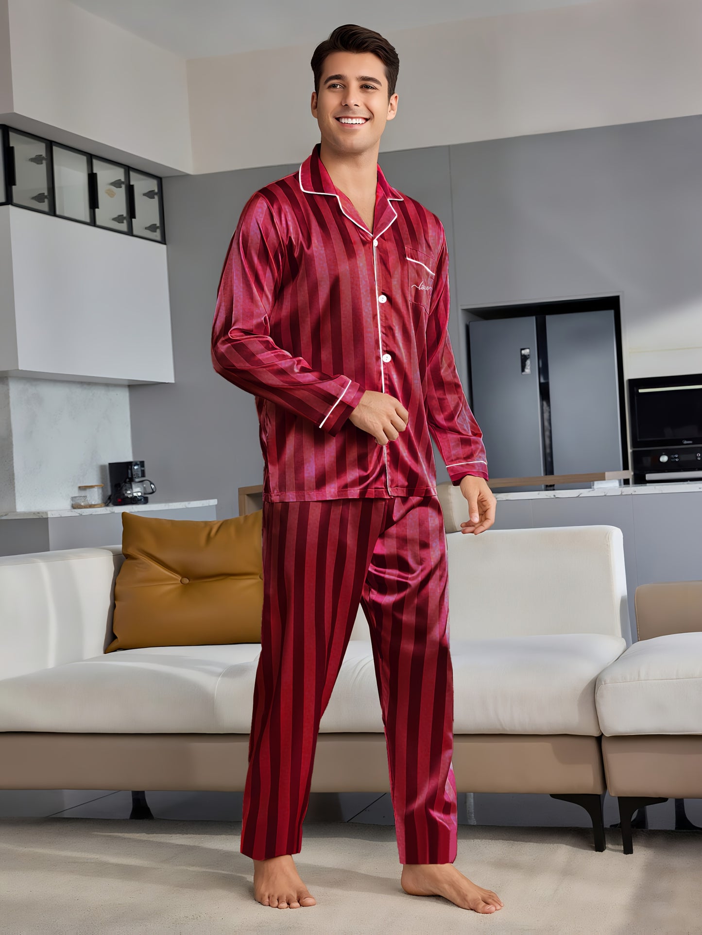 Pyjama rayé à manches longues pour couple, composé d'un haut et d'un pantalon boutonnés. Assortiment de pyjamas pour couples, idéal pour la nuit, confortable à la maison.