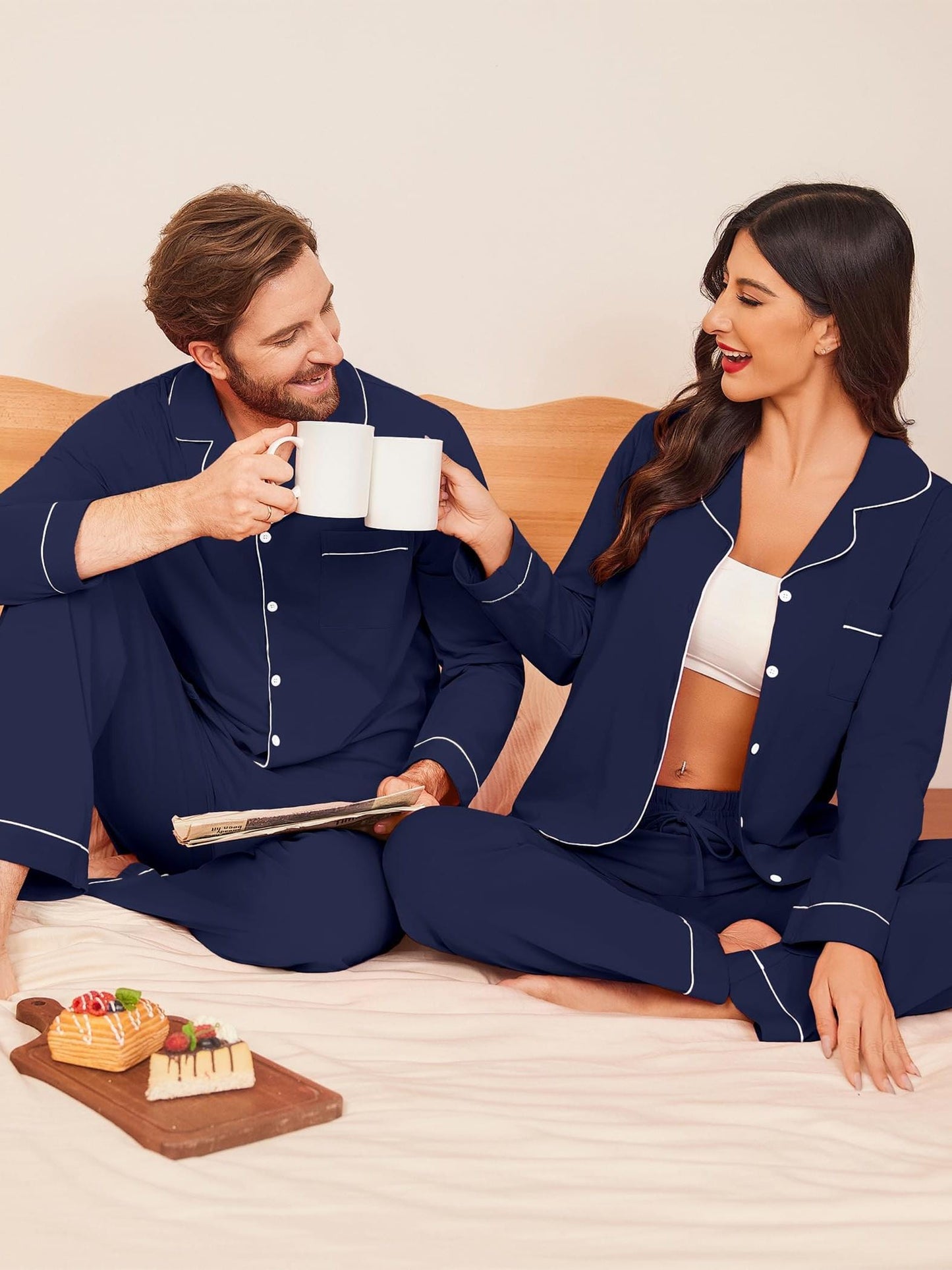 Ensemble de pyjamas assortis pour couple, 100 % coton, manches longues, fermeture boutonnée, tailles S à XXL.