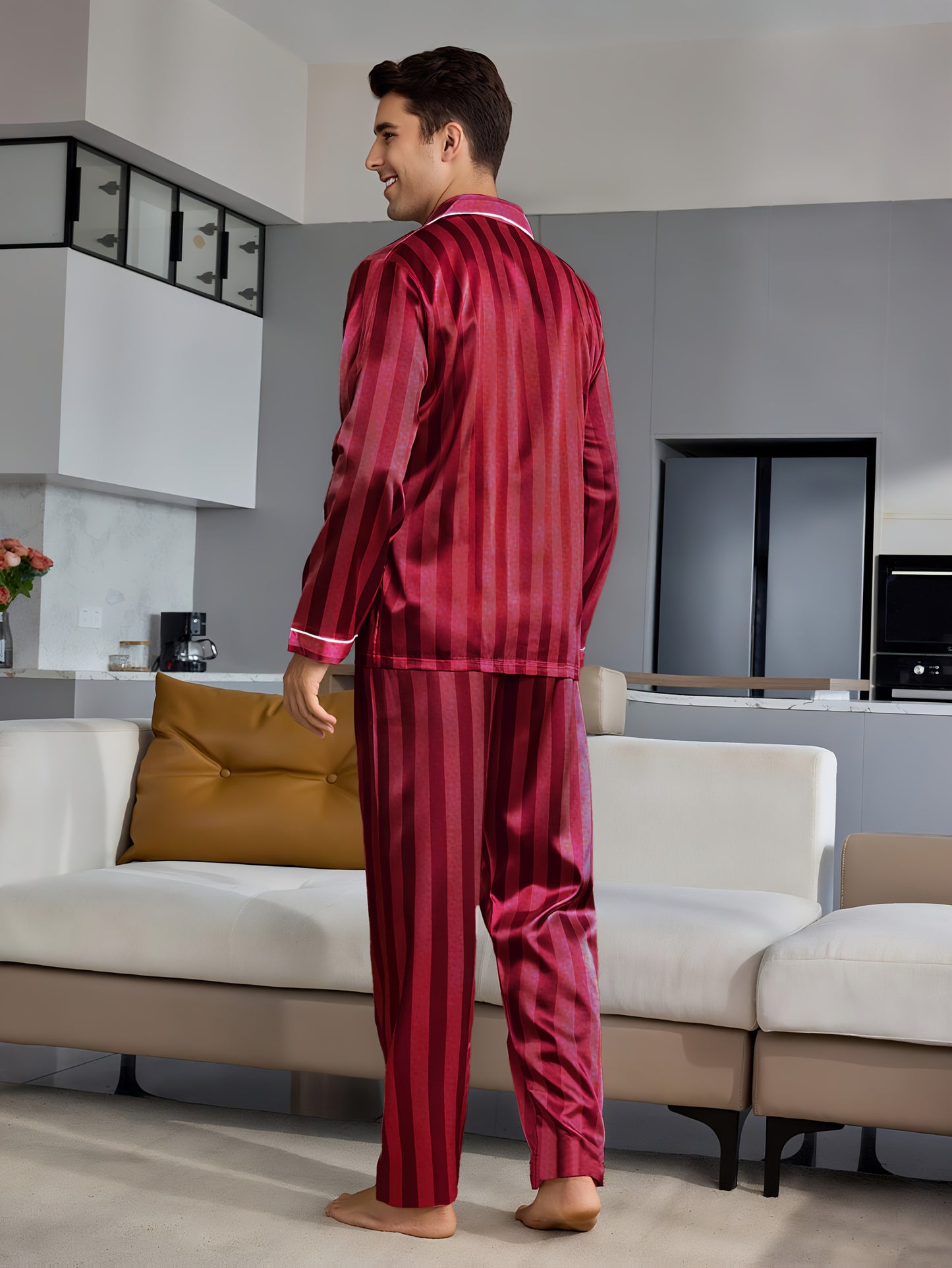 Pyjama rayé à manches longues pour couple, composé d'un haut et d'un pantalon boutonnés. Assortiment de pyjamas pour couples, idéal pour la nuit, confortable à la maison.