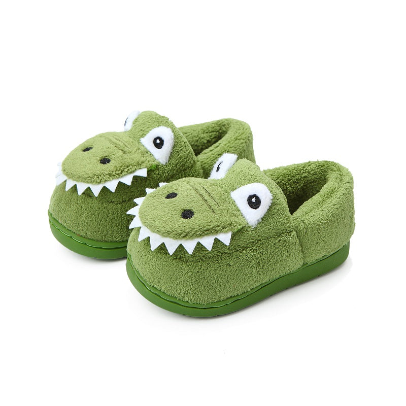 Pantoufles dinosaures pour garçons avec semelle en peluche TPR et dents d'alligator/crocodile - Chaudes et faciles à enfiler pour l'intérieur et l'extérieur, vertes et blanches, idéales pour l'hiver