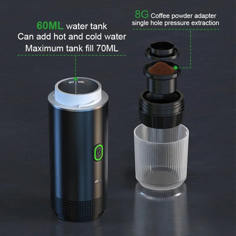 Machine à café expresso électrique portable sans fil pour voiture et maison, cafetière de camping 3 en 1 pour capsules et café en poudre, idéale pour les voyages.
