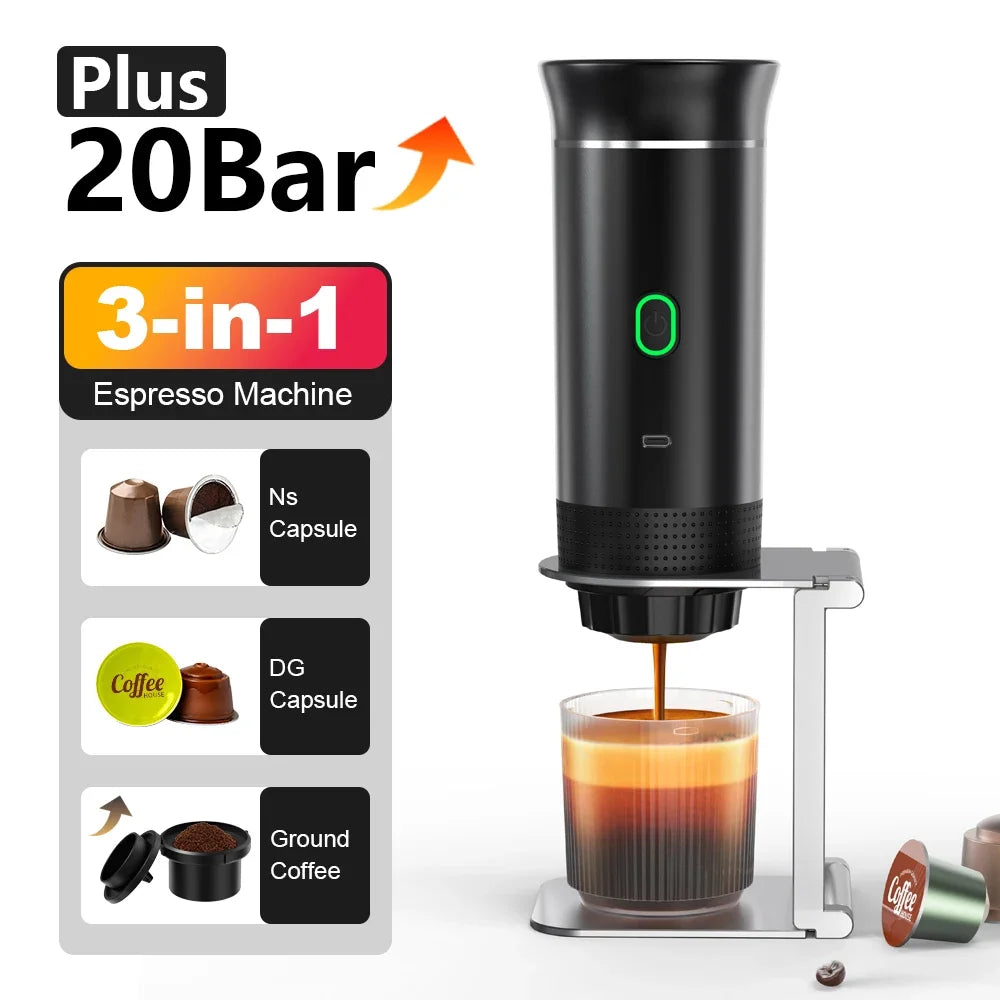 Machine à café expresso électrique portable sans fil pour voiture et maison, cafetière de camping 3 en 1 pour capsules et café en poudre, idéale pour les voyages.