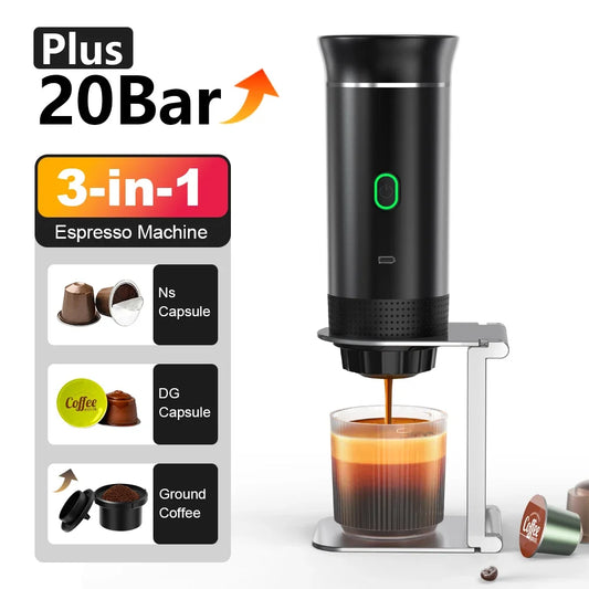 Machine à café expresso électrique portable sans fil pour voiture et maison, cafetière de camping 3 en 1 pour capsules et café en poudre, idéale pour les voyages.
