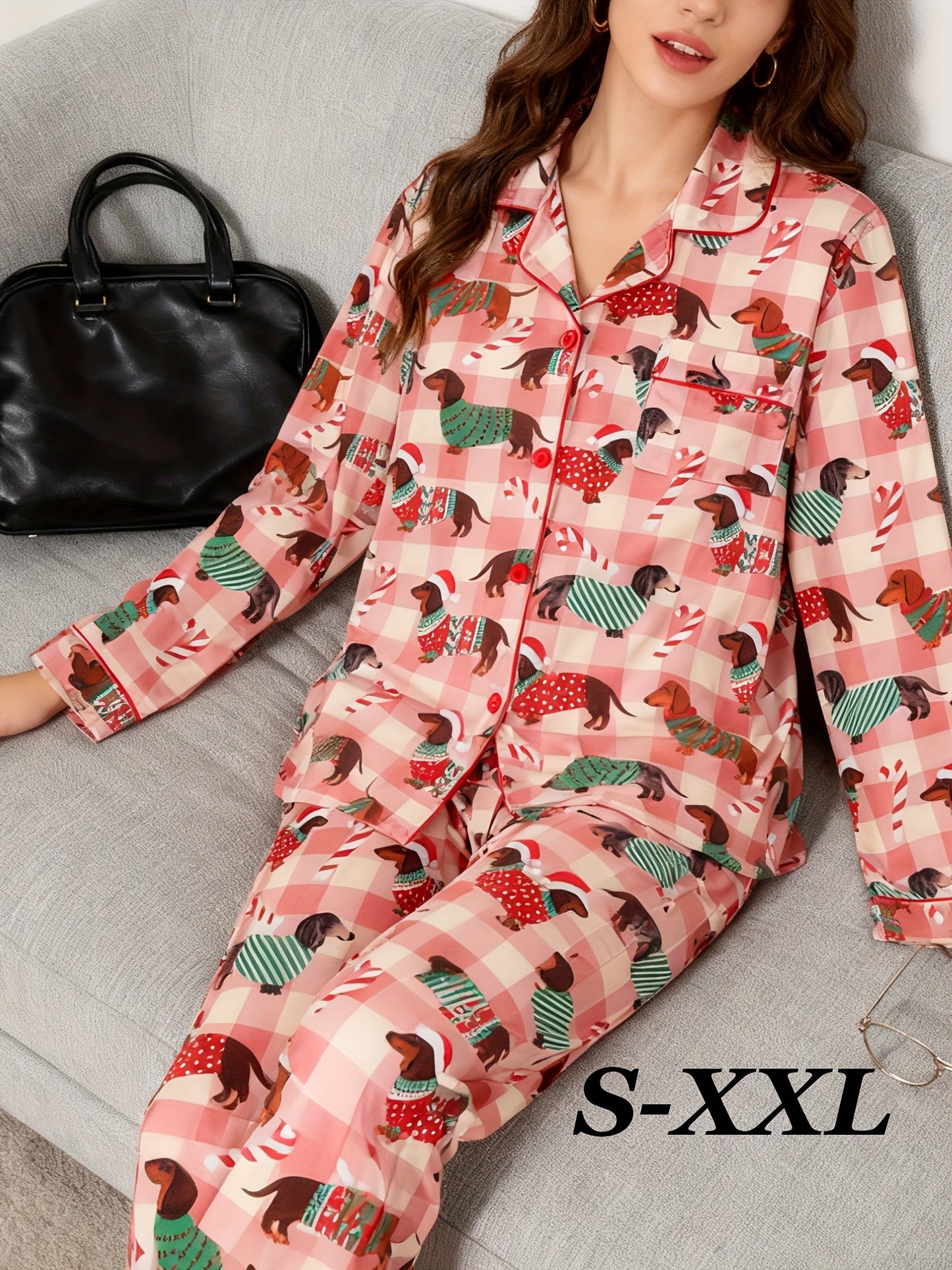 Ensemble pyjama manches longues femme imprimé teckel, pyjama vichy rose festif, cadeau idéal pour les amoureux des chiens, pour une séance photo de famille le matin de Noël