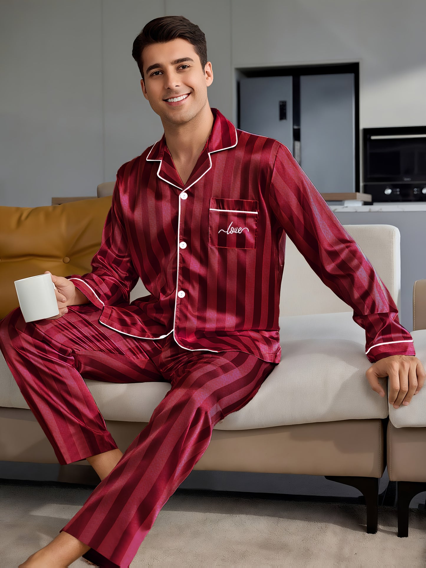 Pyjama rayé à manches longues pour couple, composé d'un haut et d'un pantalon boutonnés. Assortiment de pyjamas pour couples, idéal pour la nuit, confortable à la maison.
