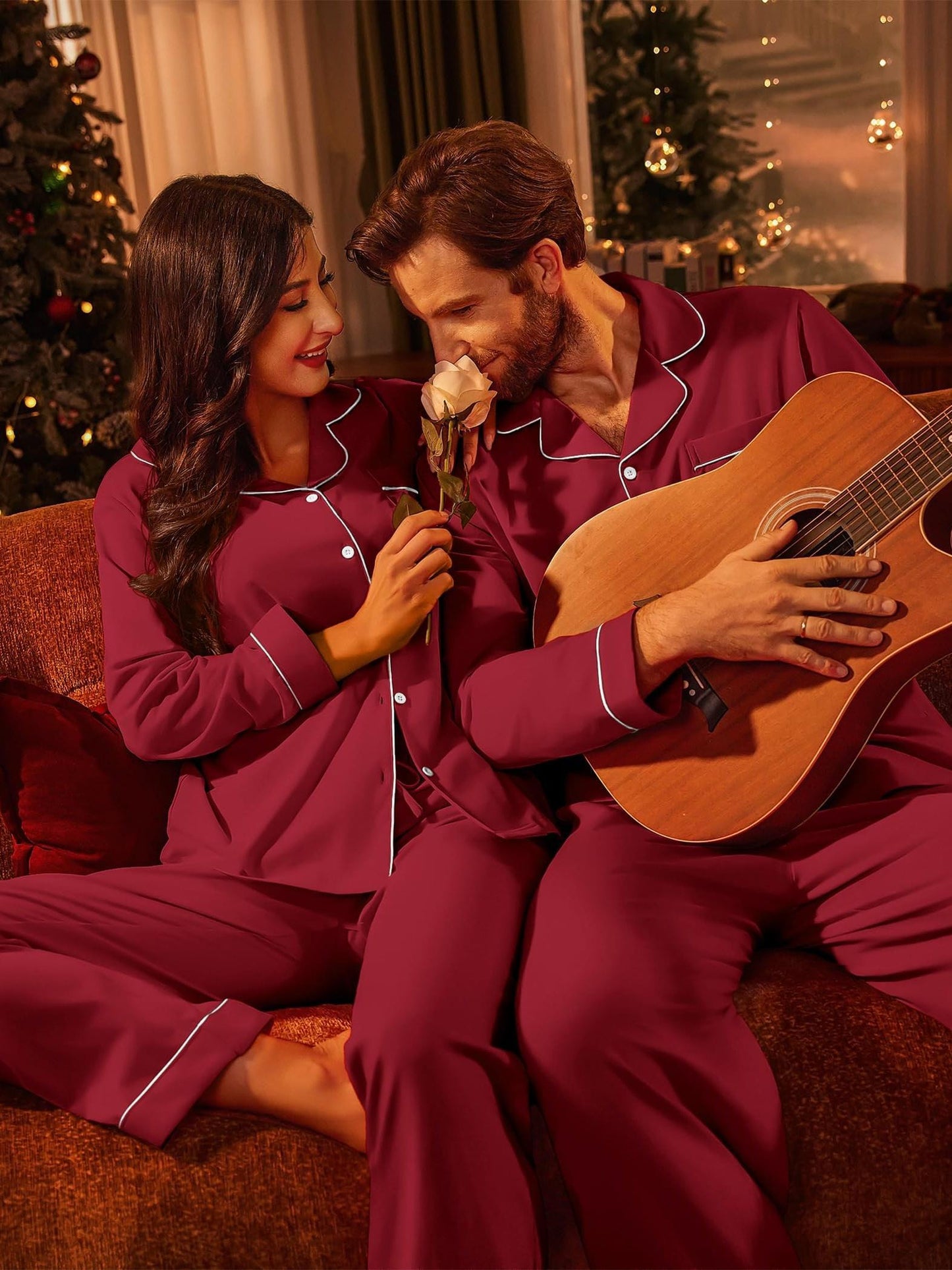 Ensemble de pyjamas assortis pour couple, 100 % coton, manches longues, fermeture boutonnée, tailles S à XXL.