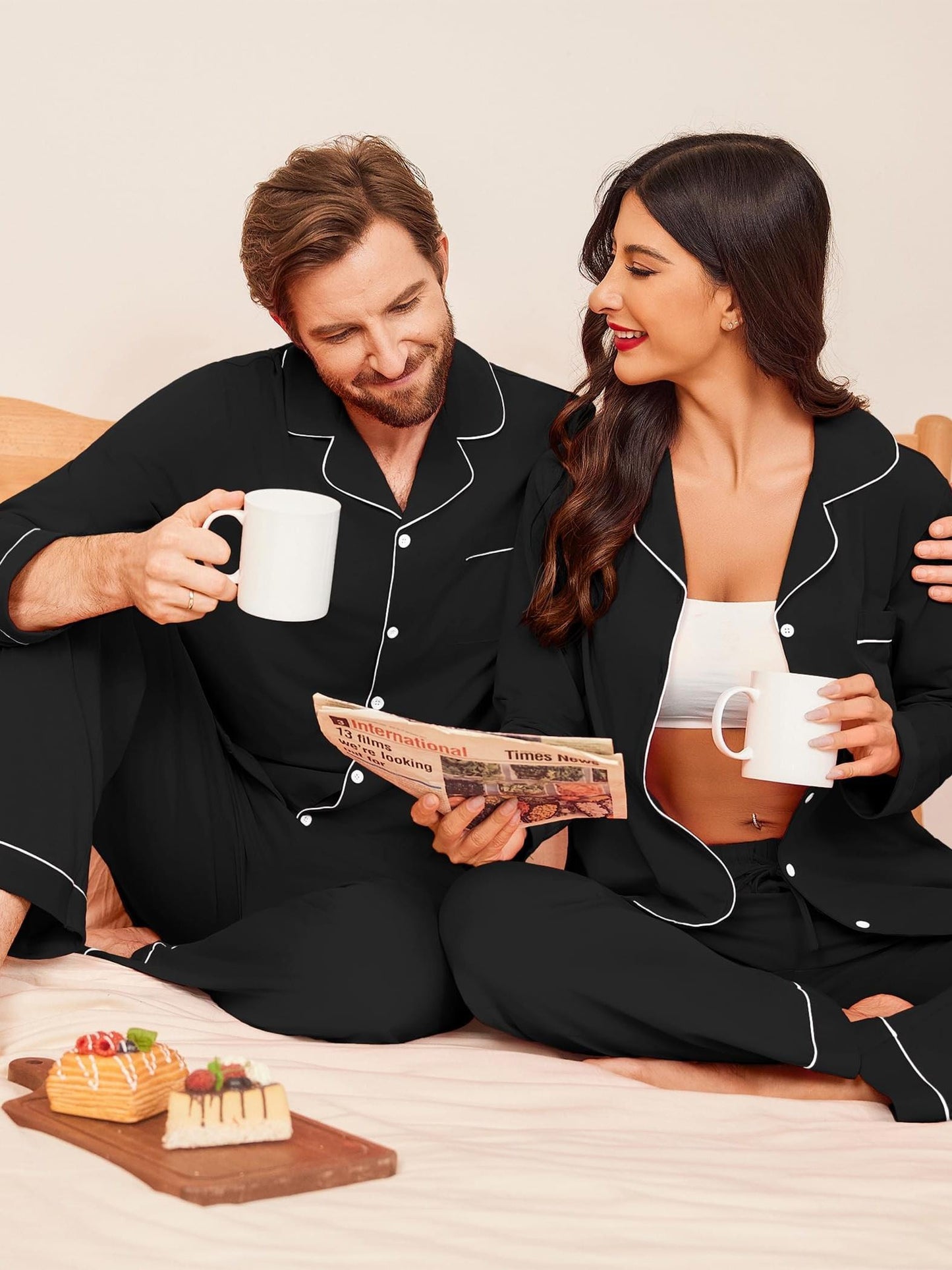 Ensemble de pyjamas assortis pour couple, 100 % coton, manches longues, fermeture boutonnée, tailles S à XXL.