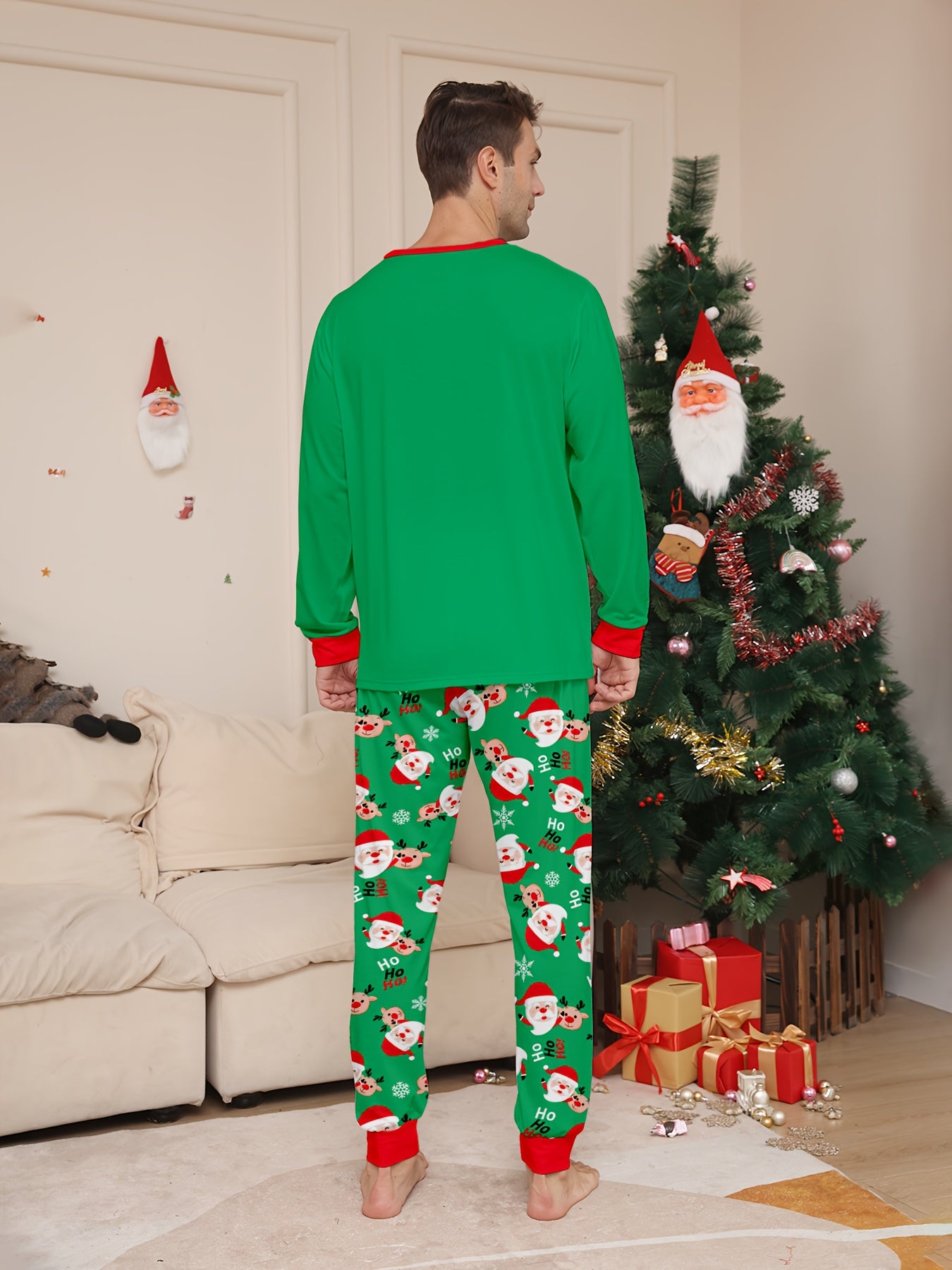 Ensemble pyjama de Noël unisexe (homme/femme) manches longues et pantalon, imprimé Père Noël, rennes et flocons de neige, col rond.