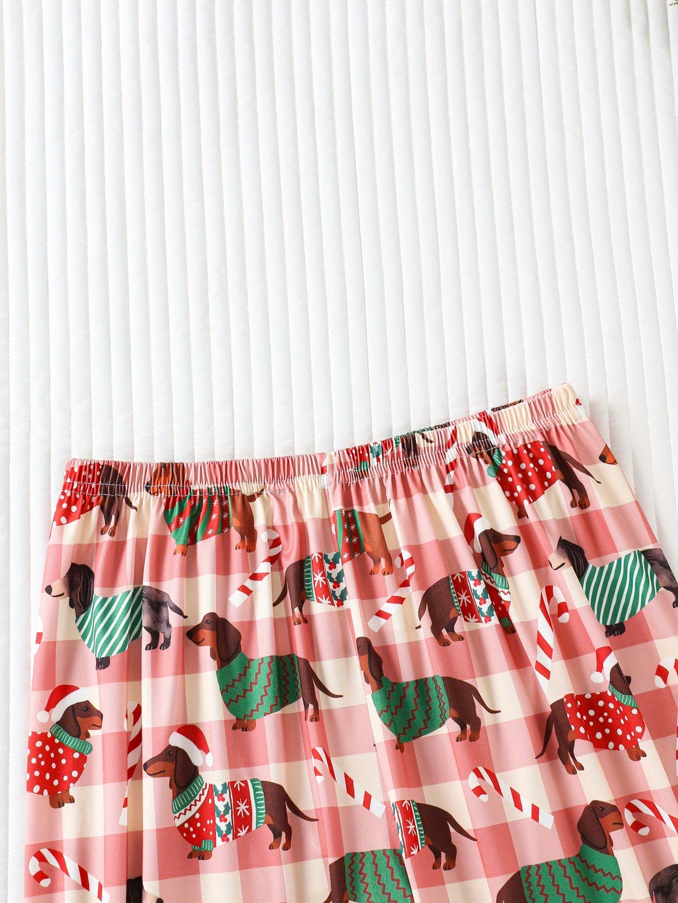 Ensemble pyjama manches longues femme imprimé teckel, pyjama vichy rose festif, cadeau idéal pour les amoureux des chiens, pour une séance photo de famille le matin de Noël