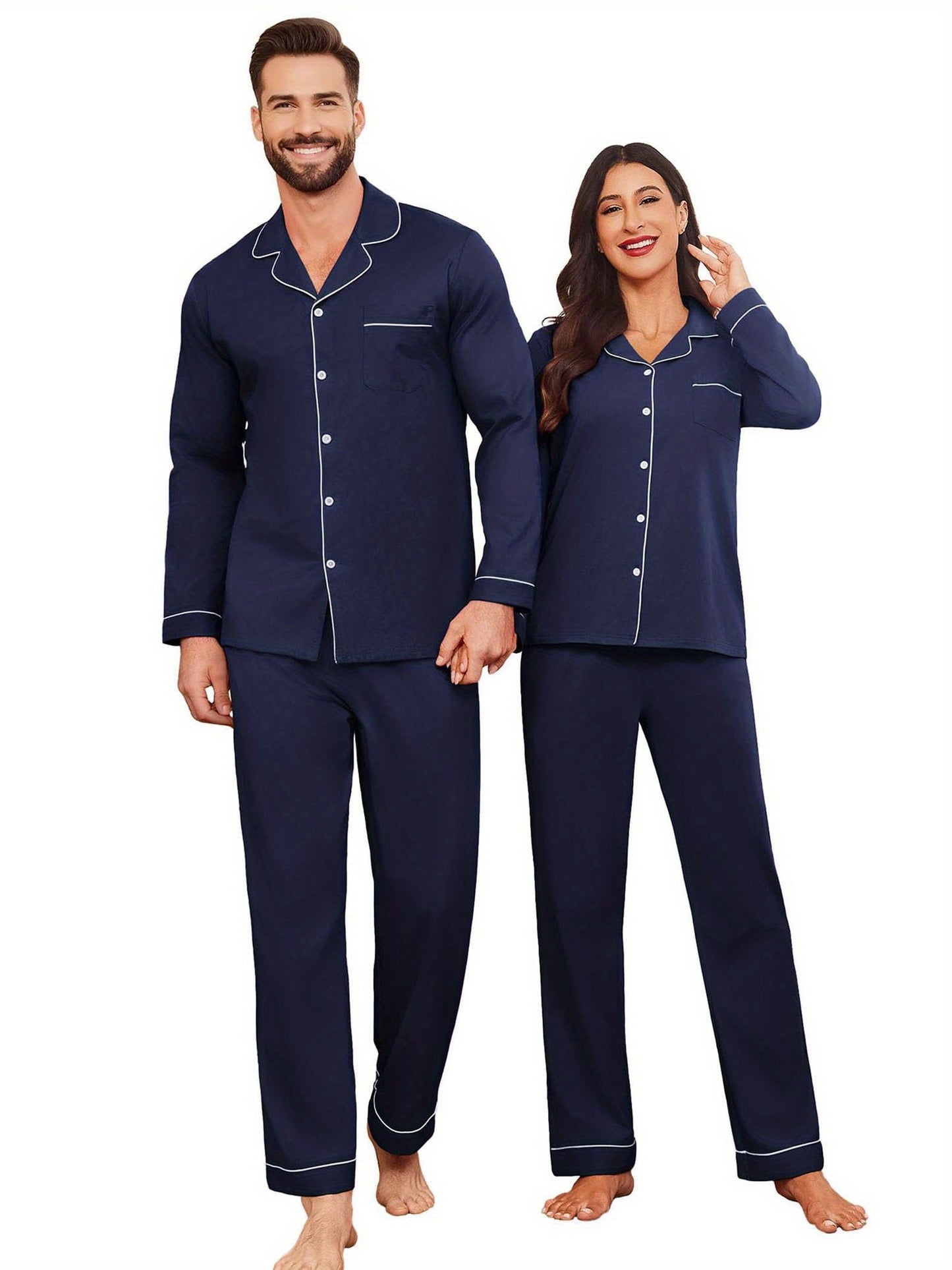 Ensemble de pyjamas assortis pour couple, 100 % coton, manches longues, fermeture boutonnée, tailles S à XXL.