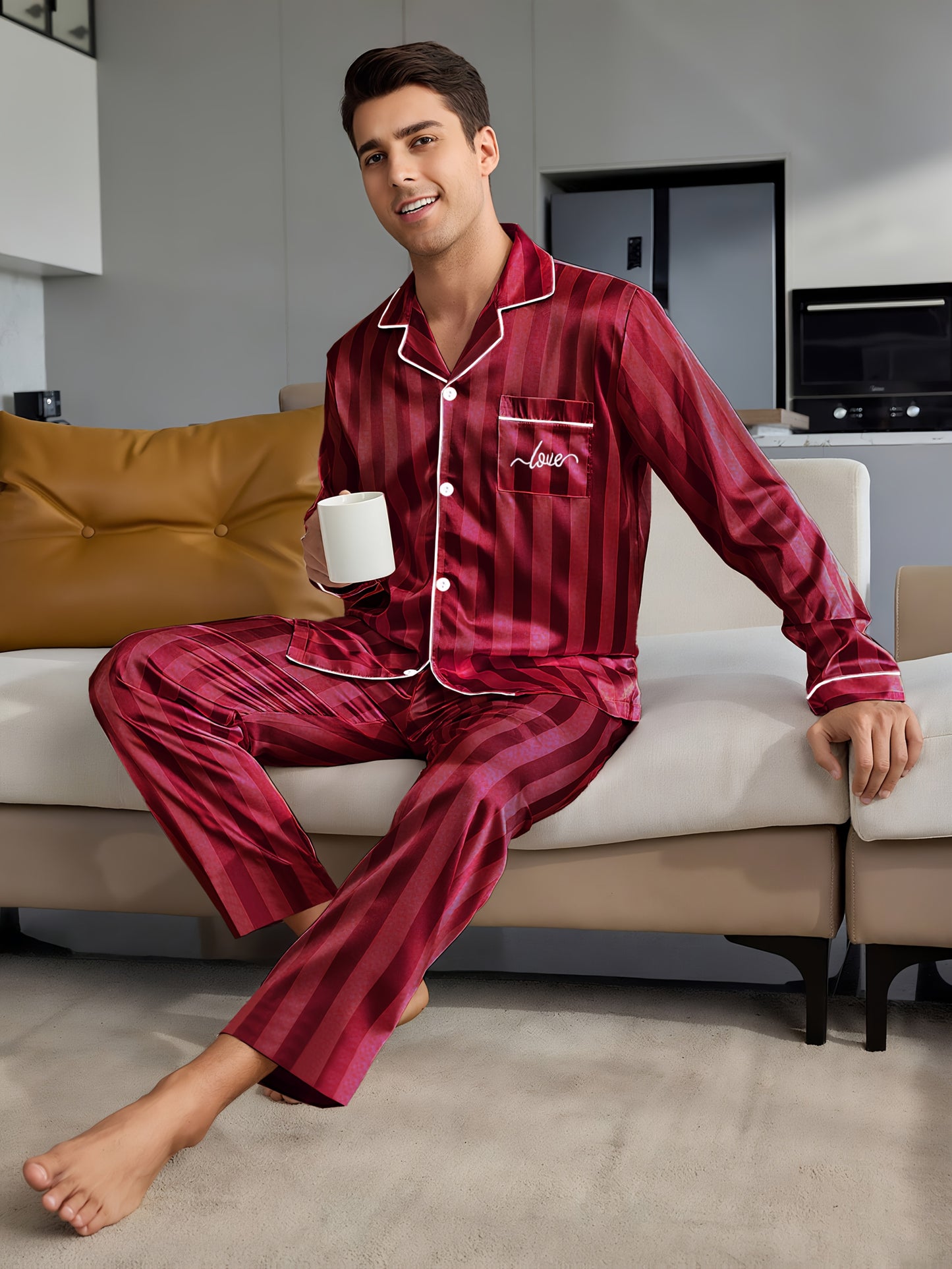 Pyjama rayé à manches longues pour couple, composé d'un haut et d'un pantalon boutonnés. Assortiment de pyjamas pour couples, idéal pour la nuit, confortable à la maison.