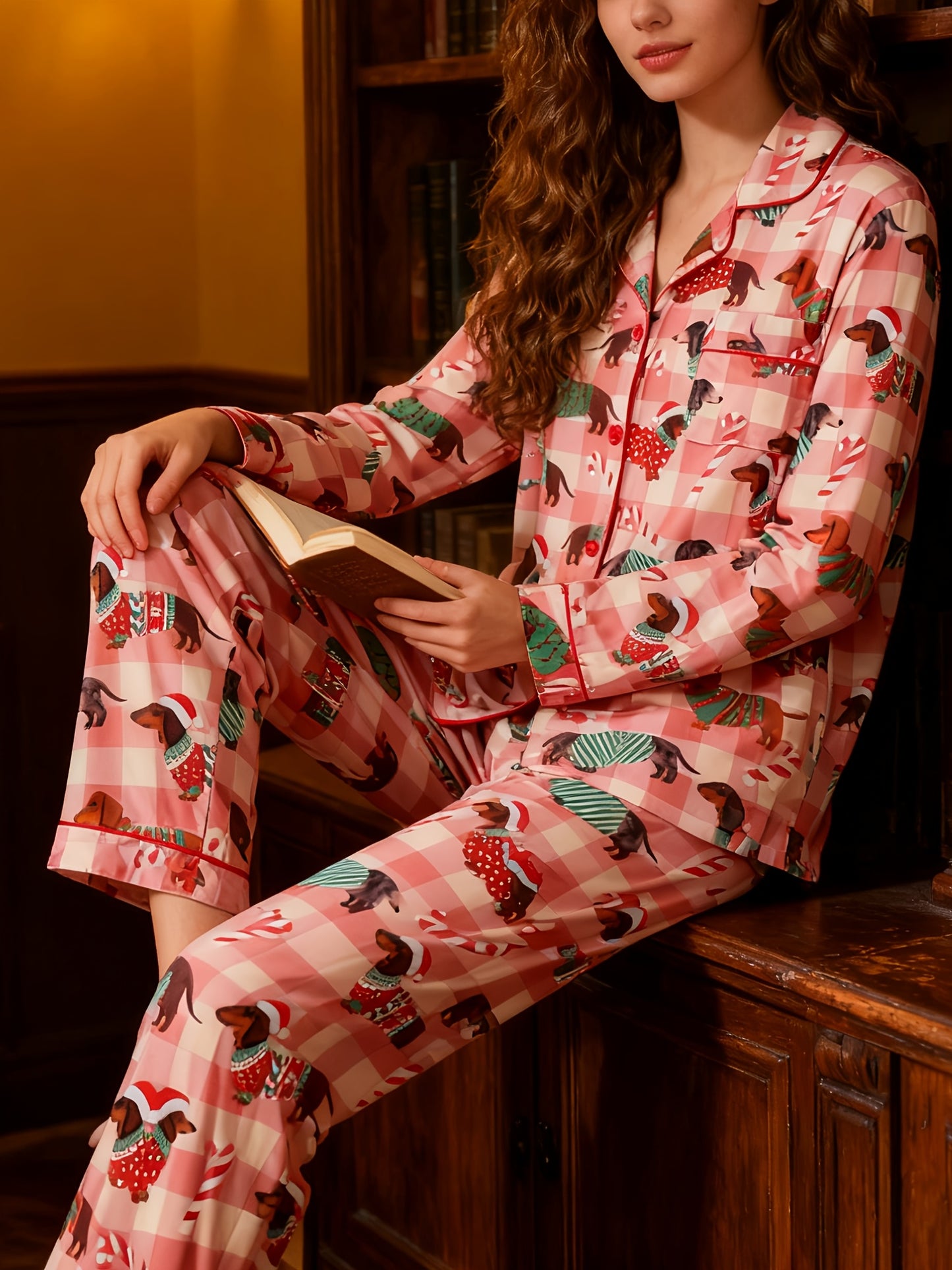Ensemble pyjama manches longues femme imprimé teckel, pyjama vichy rose festif, cadeau idéal pour les amoureux des chiens, pour une séance photo de famille le matin de Noël